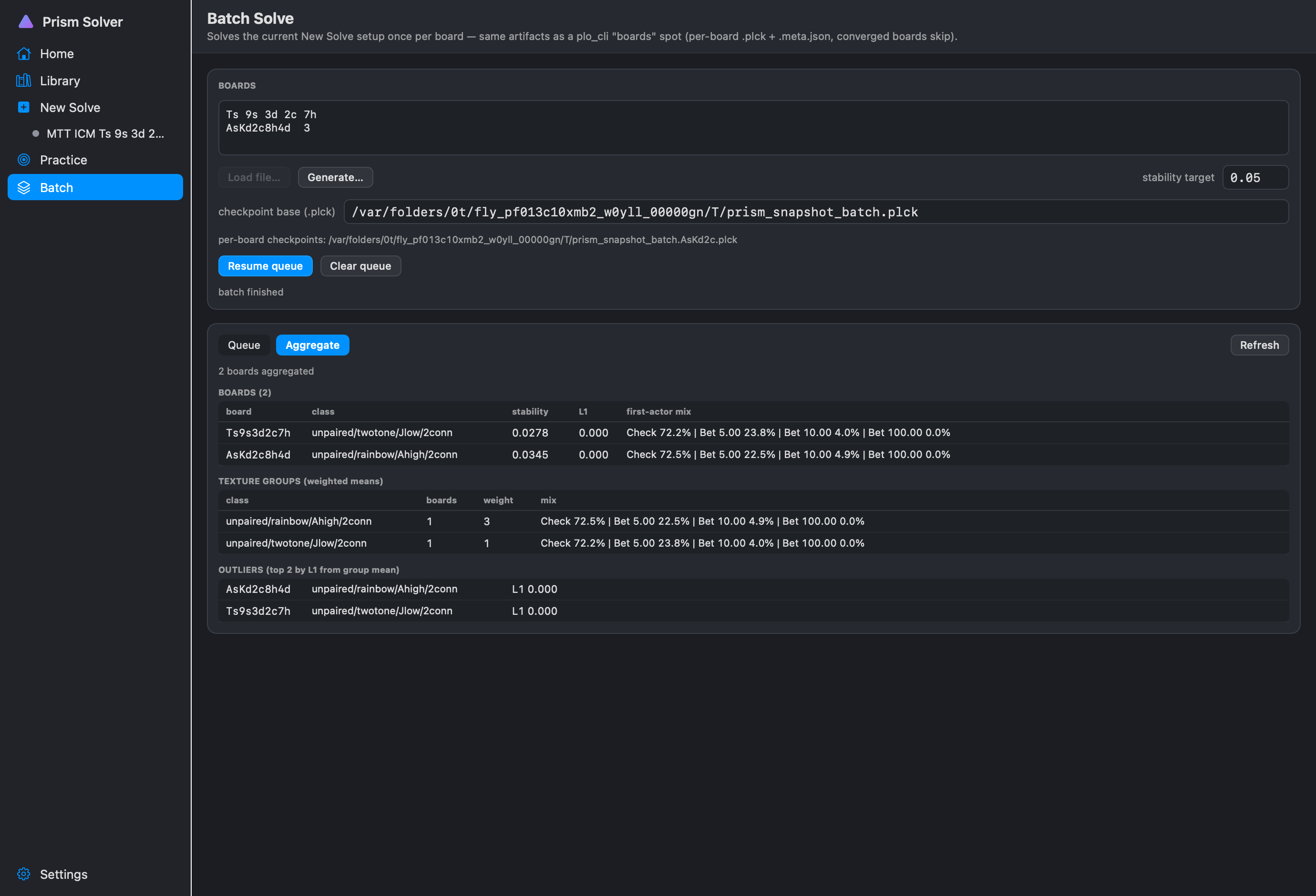 Batch Solve screen: a board list with a generator, per-board checkpoints with skip-if-converged resume, and an aggregate tab showing per-board strategies, texture-group means, and outliers.