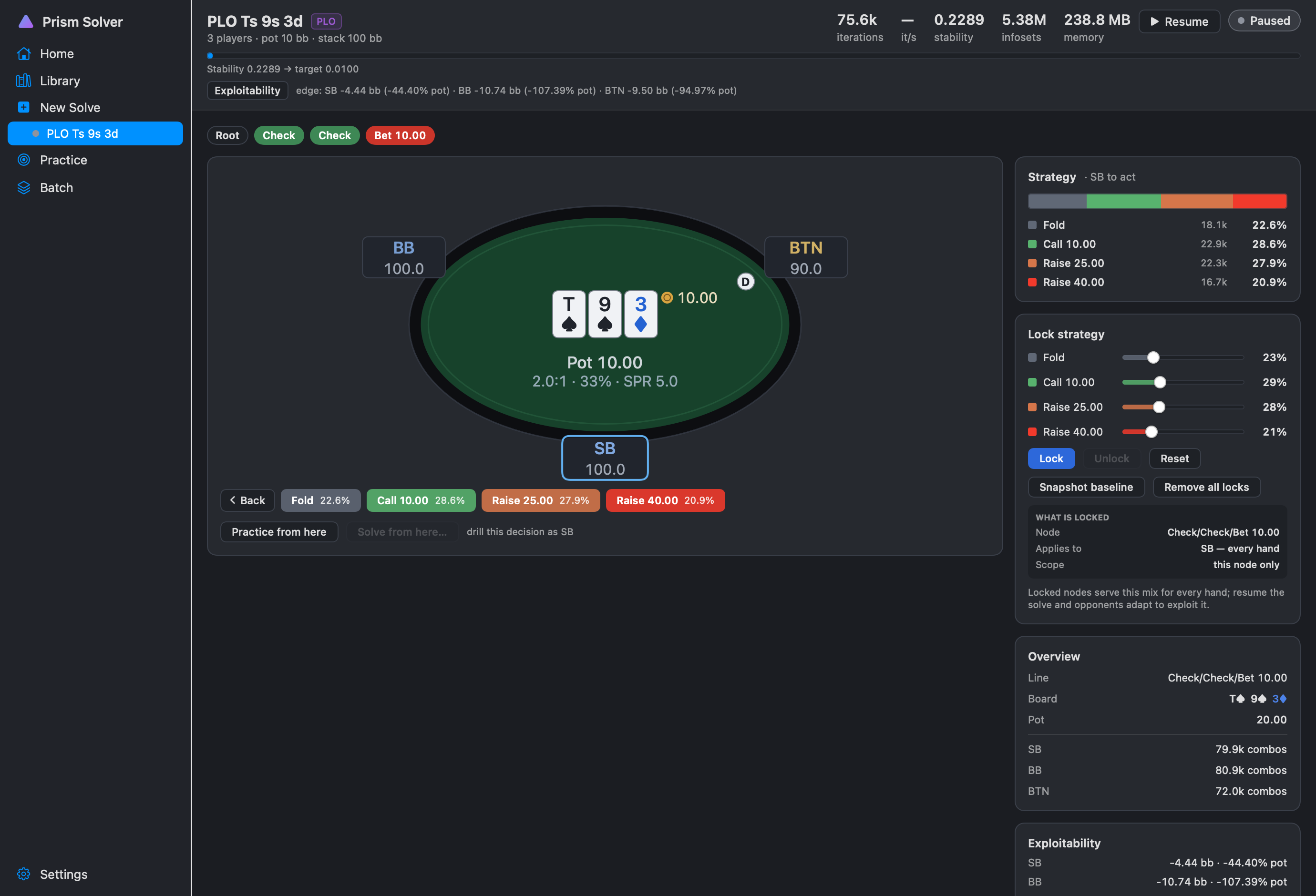 Prism Solver for macOS browsing a solved 3-way PLO flop on Ts 9s 3d: table view with pot odds and SPR, strategy panel, node-lock sliders with baseline snapshot and remove-all, per-seat exploitability, and Practice-from-here and Solve-from-here actions.