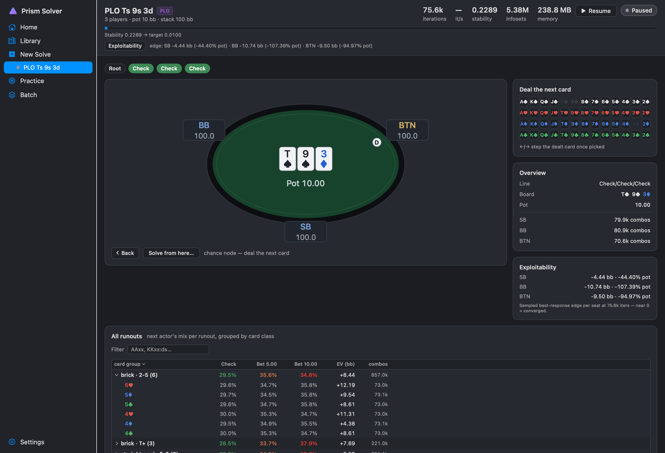 Chance node view: deal-the-next-card picker, per-seat exploitability, and an all-runouts table grouped by card class (bricks, straight cards, flush cards) with action frequencies and per-card EV, filterable by hand pattern.
